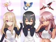 10s 3girls 43_aspect_ratio alternate_costume atfbooru.ninja black_hair blonde_hair brown_skin chloe_von_einzbern command_spell commentary_request copyright_name crop_top dark_skin fate fatekaleid fatekaleid_liner_prisma_illya female hair_clip hair_ornament hairclip hairpin high_resolution illyasviel_von_einzbern jewelry kanshou_&_bakuya loli lolibooru.moe long_hair looking_at_viewer magical_ruby magical_sapphire matching_outfit mature midriff miyu_edelfelt multiple_females nakoya_(nane_cat) navel nekoya_(chibi_nekoya) one_eye_closed orange_eyes pink_eyes pink_hair plaid plaid_background raglan_sleeves red_eyes safe shirt short_hair short_sword sleeves_past_wrists smile sweater sword tattoo torn_clothes torn_shirt upper_body wand weapon white_hair wink yellow_eyes young // 2560x1920 // 2.9MB