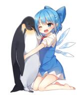 1_female ;d animal animal_hug bird blue_eyes blue_hair bow cirno female hair_bow hair_ornament hug matching_haireyes one_eye_closed open_mouth penguin safe shinoba short_hair simple_background smile solo touhou wings wink // 778x962 // 470.5KB