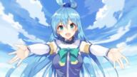 169_aspect_ratio 1_female aqua aqua_(konosuba) blue_dress blue_eyes blue_hair blue_sky blush breasts cloud cloudy_sky creator detached_sleeves dress fan_art female female_only green_ribbon hair_between_eyes hair_ornament high_resolution kono_subarashii_sekai_ni_shukufuku_wo! konosuba long_hair looking_at_viewer open_mouth outdoors outstretched_arms ribbon sankaku_channel sky solo source_request tied_hair upper_body wallhaven.cc wallpaper // 1920x1080 // 1.9MB