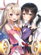 2girls _eltanin_ ascot asymmetrical_bangs bangs bare_shoulders best_friends black_hair blonde_hair blurry blush bodysuit breasts brown_eyes cape commentary commentary_request cowboy_shot depth_of_field dress elbow_gloves eyebrows_visible_through_hair fate fatekaleid fatekaleid_liner_prisma_illya feathers female foreshortening gloves hair_between_eyes hair_clip hair_feathers hair_ornament hair_tie hairclip hand_holding happy high_resolution highres holding holding_wand illyasviel_von_einzbern interlocked_fingers leotard long_hair looking_at_viewer low_twintails magical_girl magical_ruby magical_sapphire mature miyu_edelfelt miyuedelfelt multiple_females o open_mouth orange_neckwear pink_dress pink_eyes pixiv_id_15231158 prisma_illya purple_gloves purple_leotard red_eyes ribbon shiny shiny_hair shirt sidelocks simple_background sleeveless_dress sleeveless_outfit small_breasts smile standing star superpig tareme_eyes tied_hair twintails two_side_up wand white_background white_cape white_gloves wlstjqdla x_hair_ornament yellow_eyes // 900x1203 // 1.1MB