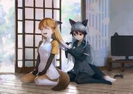 2girls animal_ears animal_tail anthropomorphism black_gloves black_hair black_legwear blonde_hair brown_eyes comb combing controller ears elbow_gloves eyes_closed ezo_red_fox ezo_red_fox_&_silver_fox ezo_red_fox_(kemono_friends) female female_only fox_ears fox_tail game_controller gingitsune gloves grey_hair hairdressing happy high_resolution highres indoors jacket kemono_friends kemonofriends kitakitsune long_hair multicolored_hair multiple_females open_mouth orange_legwear pantyhose safe silver_fox silver_fox_(kemono_friends) silver_hair sitting skirt smile tail television treeware two-tone_hair two_tone_hair wariza white_hair white_legwear yellow_legwear けものフレンズ ゆきやまコンビ キタキツネ キタキツネ(けものフレンズ) ギンギツネ ギンギツネ(けものフレンズ) // 1810x1280 // 3.1MB