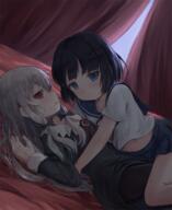 10s 2girls akari amano_akari bangs black_dress black_hair black_legwear blue_eyes blue_sailor_collar blue_skirt blurry blurry_background blush breasts closed_mouth commentary curtains depth_of_field dress dutch_angle english_commentary eyebrows_visible_through_hair female grey_hair hair_between_eyes hair_ribbon high_resolution highres hikari_niji hikariniji lesbian lolibooru long_hair lying mature midriff_peek multiple_females navel neck_ribbon on_back on_bed pantyhose pixiv_71868957 pleated_skirt red_eyes red_ribbon ribbon safe sailor_collar sailor_uniform school_uniform serafuku shirt short_sleeves skirt small_breasts smile sophie sophie_chuchu~ sophie_twilight tonari_no_kyuuketsuki-san tress_ribbon undead uniform useless_tags very_long_hair white_shirt yuri となりの吸血鬼さん ソフィー・トワイライト 天野灯 // 1065x1300 // 1.2MB