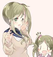 2girls 4 agaki_anko asymmetrical_hair blue_sailor_collar blush brown_hair eyebrows_visible_through_hair fangs female green_eyes hair_tie high_resolution inuyama_akari inuyama_aoi light_brown_hair long_sleeves looking_at_viewer mature multiple_females open_mouth pink_background pixiv_id_10249747 ponytail safe sailor_collar siblings side_ponytail sidelocks simple_background sisters skin_fang sweater tied_hair twintails yuri yuru_camp |_| なでリン ゆりキャン♡ ゆるキャン△ ゆるキャン△1000users入り タイツ 各務原なでしこ 志摩リン 犬山あおい 赤城あんこ // 1200x1300 // 901.4KB