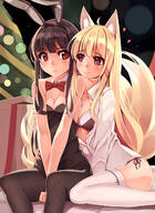 2girls ahoge animal_ears bare_shoulders between_legs black_legwear black_tights blonde_hair blurry blurry_background blush bow bowtie bra breasts bunny_ears bunny_girl bunny_suit cleavage collared_shirt commentary_request detached_collar ears fake_animal_ears female fishnet fishnet_legwear fishnet_pantyhose fishnets forced_yuri fox_ears hand_between_legs hand_on_another's_hip high_resolution highres kiowa legwear leotard lipstick long_hair looking_at_another makeup medium_breasts multiple_females original panties pantyhose pixiv_291200 pixiv_60620448 purple_eyes red_eyes safe shirt side-tie_panties sidelocks sitting stockings tail thigh-highs underwear v_arms white_legwear white_shirt yumemi_(kiowa) yuri クリスマスプレゼント 茶隼 // 1164x1600 // 640.1KB