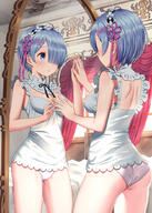 1_female 7 ass back bangs bare_knees bed blue_eyes blue_hair blush breasts commentary_request dress eyebrows_visible_through_hair female frills glass hair_between_eyes hair_ornament hair_over_one_eye hair_ribbon lingerie maid_headdress male matsui_hiroaki medium_breasts mirror open_mouth panties pink_ribbon rem rem_(zero) ribbon ribbon_trim short_hair side_bangs solo standing underwear white_panties white_underwear x_hair_ornament yasuyuki zero_kara_hajimeru_isekai_seikatsu レム // 744x1044 // 770.9KB