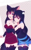 2girls animal_ears arm_at_side arm_holding arm_warmers armpits artist_name bare_shoulders belt belt_buckle black_hair black_shirt blue_skirt blush borrowed_character breasts buckle cat_ears cleavage cowboy_shot danbooru detached_sleeves dress ears fangs female gradient_hair hair_between_eyes heart heart_necklace high_resolution holding_arm hug hug_from_behind jewelry leaning leaning_forward legwear long_hair long_sleeves looking_at_another medium_breasts miniskirt multicolored_hair multiple_females necklace open_mouth original original_character pendant pleated_skirt polka_dot polka_dot_background purple_hair purple_legwear red_dress red_hair rimuu round_teeth safe shirt short_dress skirt smile standing stockings strapless strapless_dress tareme_eyes teeth thigh-highs yuri zettai_ryouiki ☆ // 800x1280 // 654.1KB