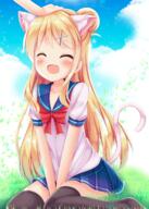 1_female ^_^ animal_ears animal_tail arms_between_legs bangs black_legwear blonde_hair blurry blush bow cat_ears cat_tail cloud clouds cloudy_sky collarbone d danbooru day depth_of_field ears eyebrows_visible_through_hair eyes_closed female grass hair_clip hair_ornament hairclip hand_on_another's_head high_resolution highres karen_kujou kin-iro_mosaic kinmoza kneeling kujou_karen long_hair minato_(ojitan_gozaru) nekomimi open_mouth out_of_frame petting pleated_skirt sailor_collar sailor_uniform sankaku_channel school_uniform shiny shiny_hair shiny_skin shirt short_sleeves sitting skirt sky smile solo_focus tail thigh-highs thighs uniform v_arms wariza zettai_ryouiki もっとナデナデしてﾃﾞｰｽ！！ // 1200x1678 // 1.9MB