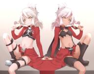 10s 2girls archer_(cosplay) armor black_shorts black_underwear blonde_hair boots breastplate card_(object) child chloe_von_einzbern cloak cosplay dark_skin duo fate fatekaleid fatekaleid_liner_prisma_illya female footwear garter gradient gradient_background hair_bun hair_ornament hair_stick hechi322 hechi_(hechi322) holding_card holding_object illyasviel_von_einzbern jacket kuro_von_einzbern lolibooru.moe long_hair looking_at_viewer mature midriff multiple_females navel panties pink_hair pixiv_58387411 red_outfit safe short_shorts shorts silver_hair simple_background sitting smile tied_hair underwear waist_cape yellow_eyes young へち イリクロ 夢幻召喚 // 1140x900 // 756.9KB