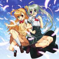 11_aspect_ratio 2girls ahoge bangs blonde_hair blue_eyes blue_sky blush boots bow brown_skirt clenched_hand clothes_lift cozy d day duo einhart_stratos eyebrows_visible_through_hair feathers female footwear glowing glowing_feather green_eyes grey_hair hair_between_eyes hair_bow hair_ornament heterochromia high_resolution huge_ahoge jumping legs locked_arms long_hair long_skirt looking_at_viewer lyrical_nanoha mahou_shoujo_lyrical_nanoha mahou_shoujo_lyrical_nanoha_&_nanoha_a's mahou_shoujo_lyrical_nanoha_vivid mature maxel3000 multiple_females o open_mouth panties pantyshot pixiv_24861525 purple_eyes red_eyes red_ribbon ribbon school_uniform shirt shoes short_sleeves skirt skirt_lift sky smile socks st._hilde_academy_of_magic_uniform takamichi_vivio underwear uniform very_long_hair vivio white_legwear white_panties white_shirt white_underwear アインハルト アインハルト・ストラトス チーコ リリカルなのは100users入り ヴィヴィアイ ヴィヴィオ ヴィヴィオ&アインハルト 高町ヴィヴィオ // 1200x1200 // 1.0MB