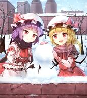 2girls ascot bare_tree bat_wings black_gloves black_scarf blonde_hair blue_sky blush building buttons clock crystal d day demon_wings fangs female flandre_scarlet frilled_shirt_collar frills gloves grey_skirt hat hat_ornament hat_ribbon headwear juliet_sleeves lolibooru.moe long_sleeves mansion minust mittens mob_cap multiple_females open_mouth outdoors pink_gloves pixiv_15772166 pixiv_60281962 plant puffy_sleeves purple_hair red_ascot red_eyes red_neckwear red_ribbon red_skirt red_vest remilia_scarlet ribbon safe scarf shirt short_hair siblings sisters skirt sky smile snow snowing snowman tauminust team_shanghai_alice teeth touhou touhou_project tree tsurime vest wall white_hat white_shirt wings ほのぼの東方 レミフラ 冬レミフラ 紅魔館 雪だるま // 900x1009 // 1.1MB