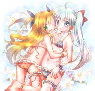 2_females absurd_resolution absurdres ass bikini blonde_hair einhart_stratos female green_hair high_resolution highres long_hair lyrical_nanoha mahou_shoujo_lyrical_nanoha mahou_shoujo_lyrical_nanoha_vivid multiple_females one_eye_closed parara_kerusu safe swimsuit two_side_up vivio ヴィヴィアイ 新しい水着買ってあげました＼(＾o＾)／ // 3050x2940 // 7.7MB