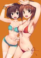 10s 2girls akiyama_yukari arm_above_head armpits bikini blush boyshorts bracelet breasts brown_eyes brown_hair cleavage d danbooru eyebrows_visible_through_hair female front-tie_top girls_und_panzer green_bikini groin hair_between_eyes hand_holding hip_bones interlocked_fingers jewelry lace looking_at_viewer mature medium_breasts messy_hair multiple_females navel nishizumi_miho open_mouth pixiv_60976443 red_bikini short_hair side-tie_bikini simple_background small_breasts smile strap_gap string_bikini swimsuit tamahiyo thigh-highs underboob white_legwear たまひよ みほゆか ガルパン1000users入り 水着のみほゆか 西住みほ // 707x1000 // 594.3KB
