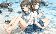 2girls anmi anmi@3日目東a-17a asymmetrical_hair back-to-back bangs bare_legs barefoot beach black_hair blue_eyes blush bottle breasts brown_hair day drink duo feet female footwear happy leg_hug legs loafers long_hair long_sleeves looking_at_viewer medium_breasts multiple_females no_shoes ocean one_side_up open_mouth original original_character outdoors partially_submerged pixiv_62608184 pleated_skirt ponytail ramune safe sailor_uniform sand school_uniform shoes shoes_removed side_ponytail sitting skirt sleeves_rolled_up slip-on_shoes smile soles tied_hair toes uniform wallpaper water wet wet_clothes yokozuwari yuri びしょ濡れ オリジナル50000users入り チェックスカート 海辺の双子 // 1430x868 // 1.3MB