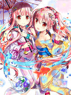 2girls bow c92 collarbone d eyebrows_visible_through_hair female fish floating_hair fujima_takuya goldfish hair_between_eyes hair_bow hair_ornament holding holding_umbrella index_finger_raised japanese_clothes kimono long_hair looking_at_viewer mocochin multiple_females obi one_leg_raised open_mouth oriental_umbrella original pink_hair pixiv_22526 pixiv_64166304 raised_leg red_bow_ornament red_eyes sash smile standing standing_on_one_leg tied_hair twintails umbrella very_long_hair wrist_cuffs yukata 日本の夏_浴衣の涼み 朱里 朱音 藤真拓哉@4号館ア−03ab 藤真拓哉@お仕事募集中 // 800x1066 // 619.0KB