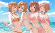 4_females ;d abe_nana akii aqua_eyes arm_around_waist bangs bare_shoulders beach bikini bikini_skirt black_ribbon blue_bikini blue_sky blush bracelet breasts brown_hair cleavage cloud clouds collarbone d day eyebrows_visible_through_hair fangs female fingernails front-tie_bikini front-tie_top green_eyes hair_between_eyes hand_on_another's_back hand_on_another's_shoulder idolmaster idolmaster_cinderella_girls jewelry kimura_natsuki leaning leaning_forward light_brown_hair looking_at_viewer looking_to_the_side maekawa_miku medium_breasts mismatched_bikini multiple_females nail_polish ocean one_eye_closed open_mouth orange_bikini orange_hair parted_bangs pink_bikini pink_bikini_top pink_eyes pink_nails polka_dot polka_dot_bikini ponytail ribbon safe shiny shiny_hair short_hair side-tie_bikini sidelocks sky smile striped_bikini_top swimsuit tada_riina tareme_eyes tied_hair v-shaped_eyebrows water yellow_bikini_bottom // 1300x782 // 1.4MB