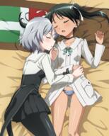 2_females bed black_legwear blush breasts fangs female francesca_lucchini green_hair hair_ribbon hand_holding jacket mature multiple_females no_pants panties pantyhose ribbon sanya_v_litvyak skirt sleeping small_breasts strike_witches striped_panties striped_pattern underwear white_hair white_ribbon world_witches_series yuri // 640x800 // 455.2KB