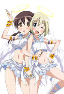 2girls ;d absurd_resolution absurdres angel_wings ankle_lace-up armlet blonde_hair blue_eyes blush bow bracelet breasts brown_eyes brown_hair cosplay costume crop_top cross-laced_footwear erica_hartmann feathers female flat_chest frills gertrud_barkhorn hair_ribbon halo halterneck hand_on_hip high_resolution highres hips image_sample jewelry mature mc_axis medium_breasts midriff miniskirt multiple_females multiple_girls navel o one_eye_closed onoda_masahito onoda_masato open_mouth ribbon ring safe short_hair simple_background skirt smile strike_witches tied_hair twintails vector_trace wings wink world_witches_series yandere_sample // 2406x3500 // 1.8MB