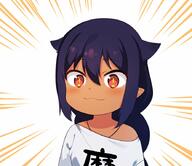 1_female 3 black_hair commentary commentary_request danbooru danbooru-safebooru dark_skin female hair_between_eyes hair_flaps jahy jahy_sama_wa_kujikenai konbu_wakame long_hair looking_at_viewer mature off_shoulder orange_eyes safe safebooru shirt simple_background solo t-shirt upper_body white_background white_shirt // 888x768 // 78.1KB