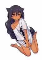 absurd_resolution barefoot braid danbooru danbooru-safebooru dark_skin expressionless feet female full_body gelbooru hair_flaps jahy jahy_sama_wa_kujikenai konbu_wakame mature naked_shirt off_shoulder oversized_clothes safe safebooru shirt shirt_tug short_sleeves simple_background single_braid solo t-shirt very_long_hair wariza white_background white_shirt // 3541x5016 // 676.2KB