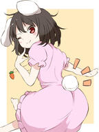1_female ;) animal_ears ass barefoot blush_stickers border brown_hair bunny_ears dress ears feet_out_of_frame female finger_to_face hair_between_eyes inaba_tewi index_finger_raised jewelry looking_at_viewer looking_back necklace one_eye_closed pink_dress puffy_short_sleeves puffy_sleeves red_eyes safe short_hair simple_background smile solo tail techi_(techi35499) touhou yellow_background // 1050x1400 // 299.0KB