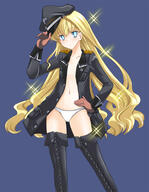 1_female black_footwear black_legwear blonde_hair blue_background blue_eyes boots breasts collarbone cross-laced_footwear daiteikoku female footwear gloves hand_on_hip hat jacket lace-up_boots legwear long_hair looking_at_viewer mature megumi_ryouko military_hat military_jacket military_uniform navel panties retia_adolf safe simple_background small_breasts solo thigh-highs thigh_boots underwear very_long_hair white_panties // 624x802 // 118.7KB