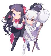 10s 2girls ;) animal_ears arm_up armpit_peek armwear bad_id bad_pixiv_id bad_twitter_id bare_shoulders bear_ears bear_girl bear_paw_hammer belt bergman's_bear_(kemono_friends) black_boots black_footwear black_gloves black_hair black_legwear black_skirt blush boots bow breasts coat collar dot_nose drawstring ears elbow_gloves error eyebrows_visible_through_hair female fingerless_gloves footwear from_above fur fur-trimmed fur-trimmed_boots fur-trimmed_coat fur-trimmed_sleeves fur_collar fur_trim gloves hair_between_eyes hair_bow hair_ornament hand_on_forehead height_difference heiwa_(murasiho) holding holding_object holding_weapon kemono_friends large_breasts legwear long_hair long_sleeves looking_at_another looking_away looking_to_the_side mature multicolored multicolored_clothes multicolored_gloves multiple_females neck_ribbon o one_eye_closed open_mouth pantyhose pink_belt pink_bow pink_ribbon pleated_skirt pocket polar_bear_(kemono_friends) pom_pom_(clothes) purple_eyes red_eyes ribbon safe salute shirt short_hair sidelocks simple_background skirt sleeveless_outfit sleeveless_shirt smile standing tareme triangle_mouth tsurime very_long_hair violet_eyes weapon white_background white_boots white_coat white_footwear white_gloves white_hair white_legwear white_shirt white_skirt // 1050x1160 // 581.3KB