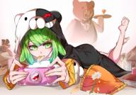 1_female bow box butler danganronpa drink female garrison_cap green_hair handheld_game_console matching_haireyes mature monaka_(danganronpa) monochrome monokuma monokuma_(cosplay) potato_chips short_hair smile trash zettai_zetsubou_shoujo // 1000x700 // 688.5KB