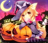 1_female akane_(naomi) animal_ears animal_tail bat black_gloves blonde_hair blush candy crescent_moon ears female food fox_ears fox_tail futaba_akane futaba_aoi ghost gloves halloween hat hayami headwear heart heart-shaped_pupils holding hutaba_akane jack-o'-lantern kitsune lollipop long_hair mature moon mythical naomi_(sekai_no_hate_no_kissaten) neko_(naomi) original red_eyes safe shizuku solo star striped striped_legwear swirl_lollipop symbol-shaped_pupils tail thigh-highs vividred_operation wings witch_hat // 1000x900 // 1.1MB