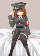 1_female bed black_legwear boots brown_eyes brown_hair clothed clothed_female clothing female female_focus female_only footwear hat legwear light-skinned_female light_skin military military_uniform nazi open_mouth panties safe short_hair sitting sitting_on_bed skirt solo solo_female thigh-highs thigh_boots underwear uniform white_panties // 600x848 // 64.5KB