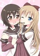 2girls commentary_request danbooru danbooru-safebooru female food_in_mouth gelbooru hand_on_another's_arm high_resolution lesbian mature multiple_females one_eye_closed safe safebooru school_uniform schoolgirl_uniform sharing_food uniform usagi_koushaku yuru_yuri // 1191x1684 // 1.1MB
