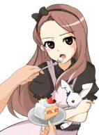 1_female bad_id bad_pixiv_id bow brown_eyes brown_hair cake crossed_arms feeding female food hairband high_resolution idolmaster idolmaster_(classic) long_hair minase_iori mobu_(nonoichi) open_mouth out_of_frame pov_hands safe solo solo_focus stuffed_animal stuffed_bunny stuffed_toy sweat sweatdrop tanutiti312 transparent_background // 1343x1817 // 933.0KB