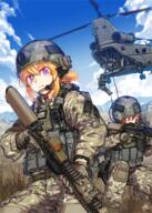3girls blonde_hair blue_eyes brown_hair camouflage ch-47_chinook cloud commentary female firearm gloves gun hair_tie handgun headwear helmet holster kws load_bearing_vest m4_carbine m4_sopmod_ii mature military_uniform mountain multiple_females original pistol ponytail purple_eyes rappelling rifle safe sankaku_channel serious sidelocks sky thigh_holster trigger_discipline uniform vertical_foregrip war weapon // 780x1095 // 2.2MB