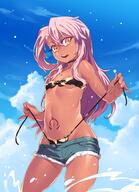 amber_eyes bikini bikini_under_clothes blue_sky chloe_von_einzbern choker collarbone contentious_content danbooru dark_skin denim_shorts fate fatekaleid_liner_prisma_illya fatestay_night front-tie_bikini front-tie_top gelbooru high_resolution kuro_von_einzbern long_hair looking_at_viewer navel open_mouth outdoors panties panty_pull pink_hair ponytail safebooru sankaku_channel shiny shorts side-tie_bikini side_ponytail small_breasts smile solo splashing swimsuit tasaka_shinnosuke tattoo underboob untied untied_bikini very_long_hair wet yande.re // 1701x2347 // 2.5MB