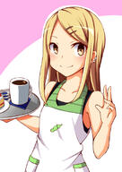 10s 1_female blonde_hair blush cake camisole coffee coffee_mug collarbone cup dagashi_kashi ear_piercing earrings endou_saya endou_saya_(dagashi_kashi) facial_piercing fang_out fangs fangs_out female food hair_clip hair_ornament hairclip jewelry long_hair looking_at_viewer mature mug nitizyo petite piercing safe shogakukan solo stud_earrings tank_top tray waving yellow_eyes // 578x818 // 304.9KB