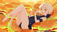 1_female arm_garter artoria_pendragon artoria_pendragon_(all) artoria_pendragon_(alter) bare_legs barefoot blonde_hair braid burgers casual_one-piece_swimsuit copyright_name fate fategrand_order fatestay_night feet female food french_braid hamburger harada_takehito holding kadokawa legs o one-piece_swimsuit open_mouth saber saber_alter safe solo swimsuit tied_hair type-moon yellow_eyes // 960x544 // 540.5KB