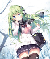 1 1_female alternate_costume bag bangs black_legwear blue_eyes blue_skirt breasts cardigan cellphone commentary_request contemporary cowboy_shot danbooru eyebrows_visible_through_hair female frog_hair_ornament green_hair grey_scarf hair_between_eyes hair_ornament hair_tubes hands_up implied_nopan jacket kochiya_sanae legwear long_hair long_sleeves mahiro_miyase mature medium_breasts miniskirt miyase_mahiro neckerchief outdoors phone pink_neckwear pixiv_72266874 pixiv_72503012 plaid plaid_scarf pleated_skirt safe sailor_collar sailor_uniform scarf school_bag school_uniform schoolgirl_uniform skirt sleeves_past_wrists smartphone snake_hair_ornament snow snowing solo standing thigh-highs thighs touhou tree uniform white_jacket winter zettai_ryouiki 「東風谷早苗」フルグラフィックジップパーカー受注生産 制服早苗 宮瀬まひろ＠4日目南ナ-29a 早苗さんと冬デート！ 東方学園 // 724x857 // 431.7KB