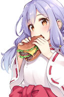 1_female bangs blue_hair blush bow brown_eyes burgers eating eyebrows_visible_through_hair female food holding_food kimono long_hair long_sleeves looking_at_viewer ominaeshi_(takenoko) red_bow_ornament ribbon-trimmed_sleeves ribbon_trim solo // 800x1203 // 564.5KB