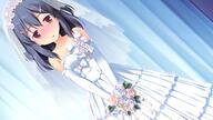 armwear blue_hair blush bow brown_eyes elbow_gloves flowers fujibayashi_misao game_cg gloves melty_moment takayaki wedding_attire // 1280x720 // 861.5KB