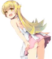 1_female ass atfbooru.ninja bakemonogatari blonde_hair colored_eyelashes cowboy_shot ears female from_behind loli long_hair looking_back monobe_tsukuri monogatari no_panties open_mouth oshino_shinobu pointy_ears questionable shinobu simple_background solo white_background yellow_eyes young // 886x1000 // 615.4KB