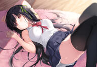 black_hair blush breasts clothes_lift in_bed kurasawa_moko long_hair original pantyhose red_eyes ribbons safe school_uniform skirt skirt_lift thigh-highs uniform yande.re // 2376x1636 // 1.5MB