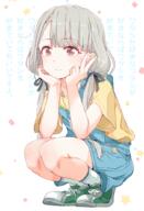 1_female arm_support background_text bangs black_ribbon blush braid brown_eyes brown_shirt closed_mouth danbooru-safebooru eyebrows_visible_through_hair female footwear gomennasai green_footwear hair_ornament hair_ribbon hair_tie hands_up hisakawa_nagi idolmaster idolmaster_cinderella_girls long_hair looking_at_viewer low_twintails overall_shorts pixiv_444675 point_of_view ribbon safe shirt shoes short_sleeves silver_hair simple_background sneakers socks solo squatting star text_background tied_hair twintails v very_long_hair white_legwear // 680x1000 // 450.6KB