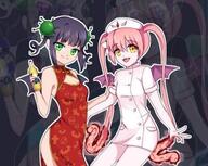 1_female 2girls bottle china_dress chinese_clothes corona-chan corona_(brand) corona_virus coronavirus dress ebola ebola-chan ebola_chan female garrison_cap hair_tie multiple_females pink_hair twintails wings yellow_eyes // 440x350 // 61.1KB