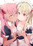 2girls 88731pk6 alternate_costume apron bangs black_dress bow breasts brown_eyes brown_hair chloe_von_einzbern cleavage collarbone commentary_request danbooru dress enmaided eyebrows_visible_through_hair fate fatekaleid fatekaleid_liner_prisma_illya female gomennasai grey_background hair_between_eyes hair_bow hair_ornament hand_up heart heart_hands heart_hands_duo high_resolution illyasviel_von_einzbern kuro_von_einzbern light_brown_hair long_hair maid maid_headdress md5_mismatch multiple_females one_side_up pink_hair pixiv_74664004 puffy_short_sleeves puffy_sleeves red_bow red_eyes safe safebooru short_sleeves simple_background small_breasts star upper_body very_long_hair waist_apron white_apron メイドクロエちゃんとメイドイリヤちゃん 御免なさい＠単行本発売中 // 866x1200 // 1.2MB