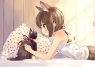 1_female animal animal_ears bare_shoulders barefoot bed blush brown_eyes brown_hair cat cat_ears ears extra_ears feet feline female hair_ornament hairclip hairpin jewelry kuga_tsukasa lying mammal mature on_stomach original pillow ribbon safe sankaku_channel short_hair smile solo // 1000x707 // 717.4KB