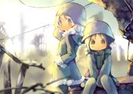 2girls bangs between_legs black_hair blue_eyes blush chito_(shoujo_shuumatsu_ryokou) closed_mouth coat commentary commentary_request day female fur fur_trim hand_between_legs headwear helmet hood hood_down kuga_tsukasa legwear long_hair long_sleeves looking_at_viewer looking_back low_twintails mature multiple_females outside pants point_of_view ruins safe short_hair shoujo_shuumatsu_ryokou sitting smile stahlhelm tied_hair twintails white_hair winter_clothes winter_coat yuuri_(shoujo_shuumatsu_ryokou) // 1200x846 // 1.3MB
