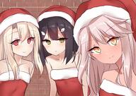 3girls absurd_resolution alternate_costume arms_at_sides asymmetrical_bangs asymmetrical_hair bangs bare_arms bare_shoulders black_hair blonde_hair blush breasts brick_wall brown_skin chloe_von_einzbern christmas christmas_outfit closed_mouth collarbone commentary_request danbooru dark_skin dress expressionless eyebrows_visible_through_hair eyes_visible_through_hair fate fatekaleid fatekaleid_liner_prisma_illya female flat_chest fur fur-trimmed fur-trimmed_dress fur-trimmed_hat fur_trim green_eyes hair_between_eyes hair_ornament hair_tie hat head_tilt headwear high_resolution illyasviel_von_einzbern kuro_von_einzbern leaning leaning_forward lolibooru.moe long_hair looking_at_viewer mature miyu_edelfelt multiple_females natsu_(sinker8c) neck orange_eyes pink_hair point_of_view ponytail red_dress red_eyes red_hat safe santa_costume santa_hat shiny shiny_hair short_hair side_ponytail small_breasts smile strapless strapless_dress tied_hair type-moon upper_body very_high_resolution white_hair // 4096x2911 // 1.0MB