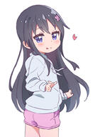 1_female bangs black_hair blue_eyes blush drawstring eyebrows_visible_through_hair female flower grey_hoodie hair_flower hair_ornament heart hood hood_down hoodie jigatei_(omijin) legwear long_hair long_sleeves looking_at_viewer looking_to_the_side pink_flower pink_shorts point_of_view safe shirosaki_hana short_shorts shorts sidelocks simple_background solo very_long_hair watashi_ni_tenshi_ga_maiorita! white_background // 732x999 // 286.1KB