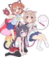 3girls ahoge animal_ear_fluff animal_ears animal_tail bangs bare_shoulders bdsm black_hair black_legwear blue_eyes blue_shirt blue_skirt bondage bound bound_wrists brown_eyes brown_hair cat_day cat_ears cat_tail commentary d dated ears eyebrows_visible_through_hair fake_animal_ears fangs female gloves hair_between_eyes hairband hoshino_hinata jigatei_(omijin) jump_rope konomori_kanon light_brown_hair long_hair looking_at_viewer multiple_females mushroom nekomimi o one_side_up open_mouth paw_gloves paws pleated_skirt point_of_view puffy_short_sleeves puffy_sleeves questionable red_eyes red_skirt restraints safe sankaku_channel shirosaki_hana shirt short_hair short_sleeves simple_background sitting skirt sleeveless sleeveless_shirt smile socks tail thighhighs v watashi_ni_tenshi_ga_maiorita! white_background white_legwear white_shirt // 864x999 // 657.2KB