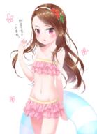 1_female ayumi_(as0206) bikini brown_hair female flower frilled_bikini frills hair_flower hair_ornament hairband high_resolution idolmaster idolmaster_(classic) innertube lolibooru.moe long_hair looking_at_viewer mature midriff minase_iori navel open_mouth point_of_view red_eyes safe solo swimsuit translated // 1197x1658 // 1.2MB