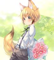 animal_ears animal_tail bangs blonde_hair blush breeze brown_eyes brown_hair commentary_request ears explicit eyebrows_visible_through_hair flower fox_boy fox_ears fox_tail green_ribbon holding holding_flower kuga_tsukasa long_sleeves looking_at_viewer male original original_character pink_flower point_of_view ribbon shirt short_hair shota solo tail white_shirt young ひばりが鳴く頃 ガーベラ サスペンダー 狐 狐耳男子 玖珂つかさ 紐タイ 花束 // 1000x1116 // 1.3MB